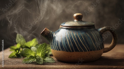 teapot. Asian teapot with fresh mint leaves, ceramic craftsmanship, steaming warmth under soft lighting. bar promotions, beverage menus, designed for product packaging and bar promotions.