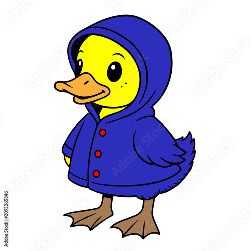 Cute cartoon duckling wearing a blue raincoat. Adorable yellow chick with hooded jacket and red buttons standing outdoors. Playful animal mascot fo...