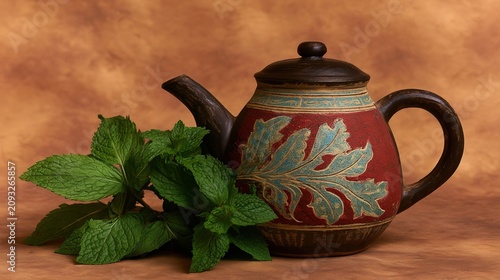 teapot. Asian teapot with fresh mint leaves, ceramic craftsmanship, steaming warmth under soft lighting. bar promotions, beverage menus, designed for product packaging and bar promotions.