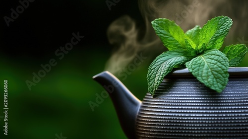 teapot. Asian teapot with fresh mint leaves, ceramic craftsmanship, steaming warmth under soft lighting. bar promotions, beverage menus, designed for product packaging and bar promotions.