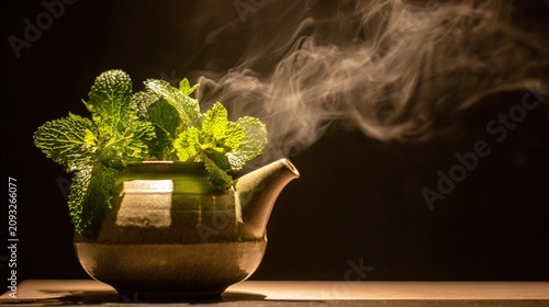 teapot. Asian teapot with fresh mint leaves, ceramic craftsmanship, steaming warmth under soft lighting. bar promotions, beverage menus, designed for product packaging and bar promotions.
