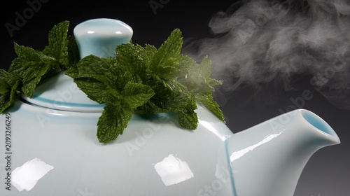 teapot. Asian teapot with fresh mint leaves, ceramic craftsmanship, steaming warmth under soft lighting. bar promotions, beverage menus, designed for product packaging and bar promotions.