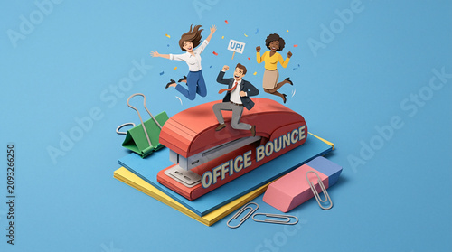 An office scene with a playful, whimsical twist, featuring cartoonish characters jumping joyfully around a giant stapler emblazoned with OFFICE BOUNCE.