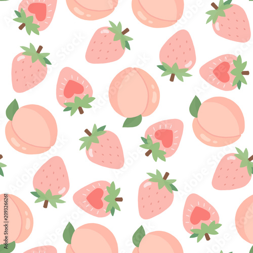 Cute Pastel Strawberry and Peach Seamless Pattern Vector Illustration on White Background