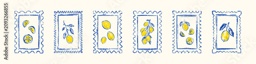 Hand drawn crayon doodle summer lemon postage stamps, lemon fruit, branch, slice, leaves. Mediterranean Italian chalk drawing rectangle frame. Amalfi sketch post card. Coastal boarder. Wedding border