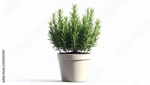 Small Potted Rosemary Plant With Dense Needle Like Green Leaves Growing Upright In Ceramic Pot Isolated On White Background