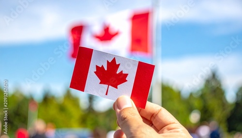 Hand Holding A Small Printed Canadian Flag Card Close Up Against A Blurred Large Canada Flag Flying Outdoors On A Sunny Day