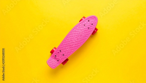 Top Down View Of Pink Cruiser Skateboard With Textured Diamond Pattern Deck And Red Wheels Positioned Diagonally On Bright Yellow Background
