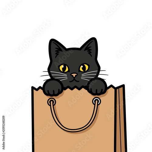 Black cat peeking from brown paper bag.