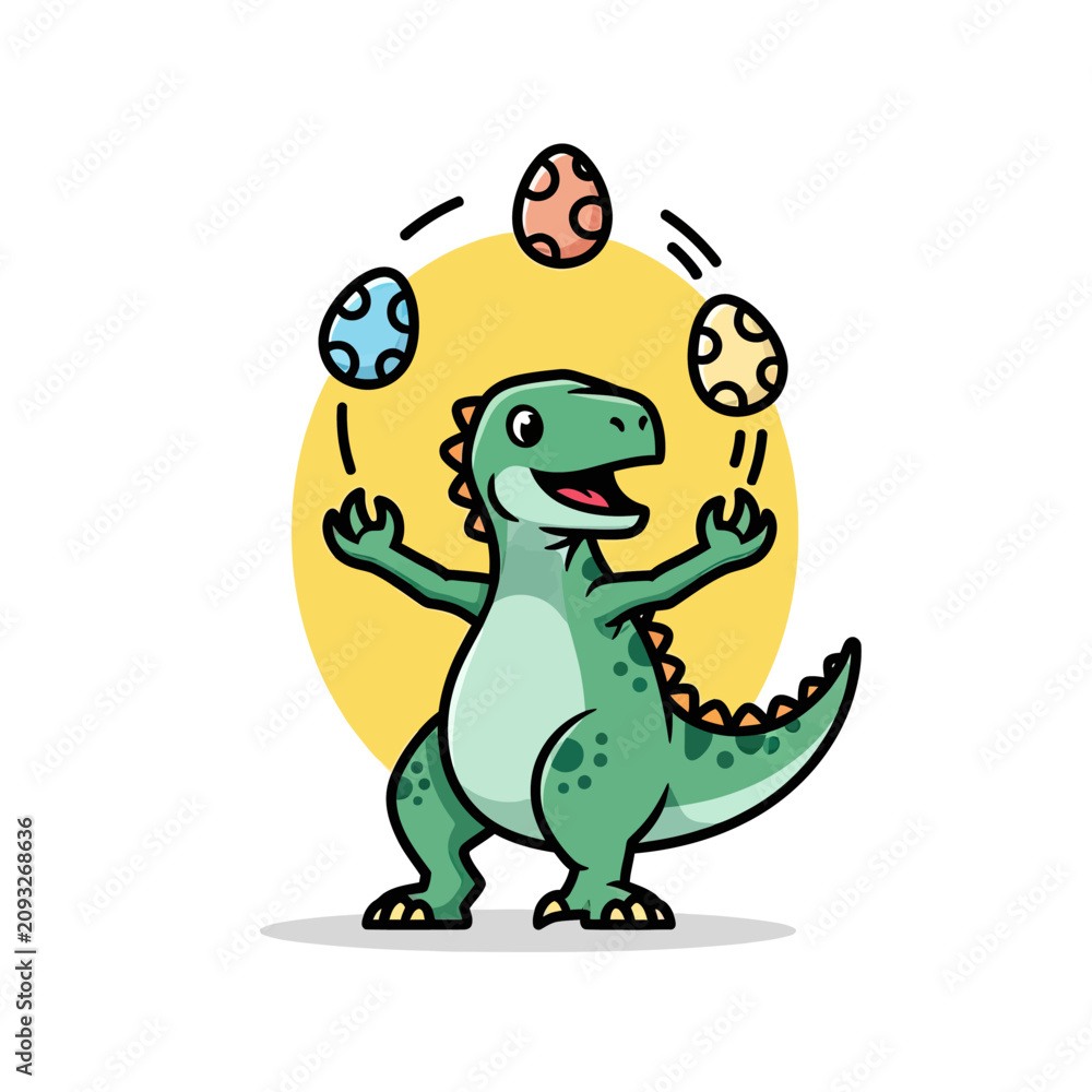 Fototapeta premium Happy green dinosaur juggling three spotted eggs.
