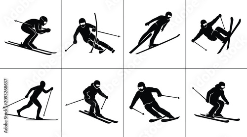 Photos Black silhouettes of skiers performing downhill, carving, slalom, and freestyle