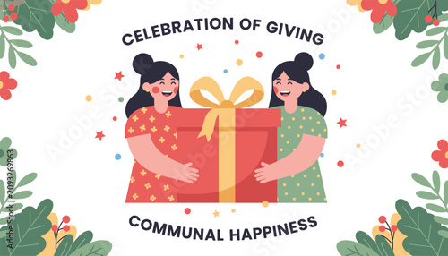 Two happy women carrying a massive red gift box celebrating the spirit of giving and communal happiness together.