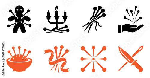 Tableau sur toile Set of black and orange voodoo doll and magic ritual icons with pins needles can