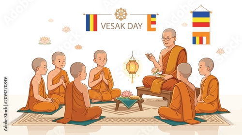 Tableau sur toile Buddhist Monk Teaching Young Novices About Spirituality on Vesak Day Celebration