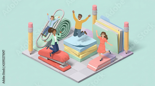 A whimsical illustration depicts a diverse group of people joyfully interacting with oversized office supplies, symbolizing creative collaboration and productivity in a playful, isometric scene.