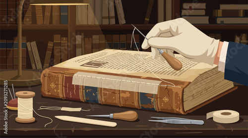 Fotografie Skilled Bookbinder Restoring Antique Volume with Needle and Thread in Cozy Libra