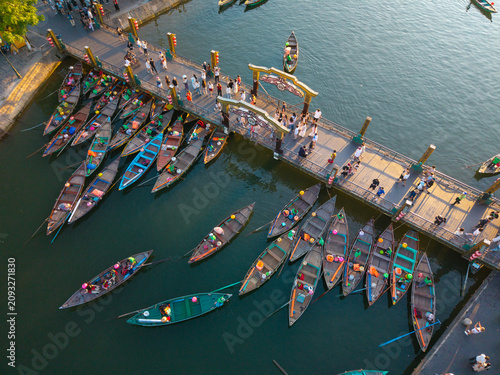 Aerial panoramic view of Hoi An city, Da Nang province, Vietnam. Panoramic footage of Hoian ancient town, UNESCO world heritage. One of the most travel popular touristic destinations 
