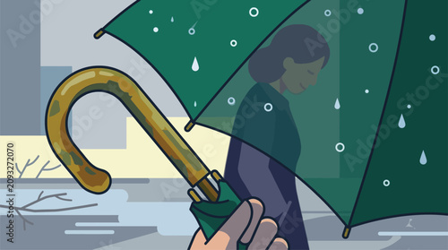 Canvastavla Woman Under Umbrella in Rainy City Street, Feeling Melancholy, Conceptual Illust