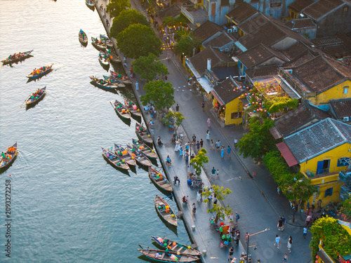 Aerial panoramic view of Hoi An city, Da Nang province, Vietnam. Panoramic footage of Hoian ancient town, UNESCO world heritage. One of the most travel popular touristic destinations 
