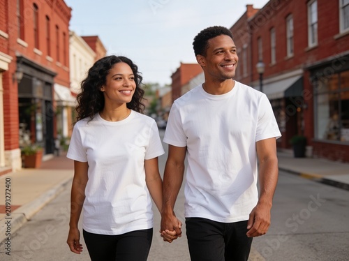Couple holding hands and walking down a historic brick-lined street while wearing matching white t-shirts.