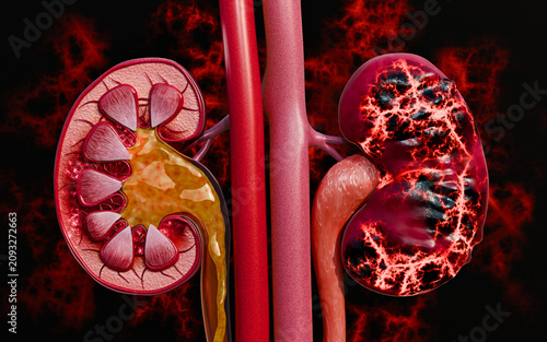 Chronic kidney disease associated with unhealthy dietary habits illustrating renal inflammation, impaired filtration, and metabolic overload from processed food consumption. 3D Rendering