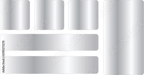 Set of metallic silver glossy buttons and banners with rounded corners, blank rectangular and square shapes with gradient texture for web design elements