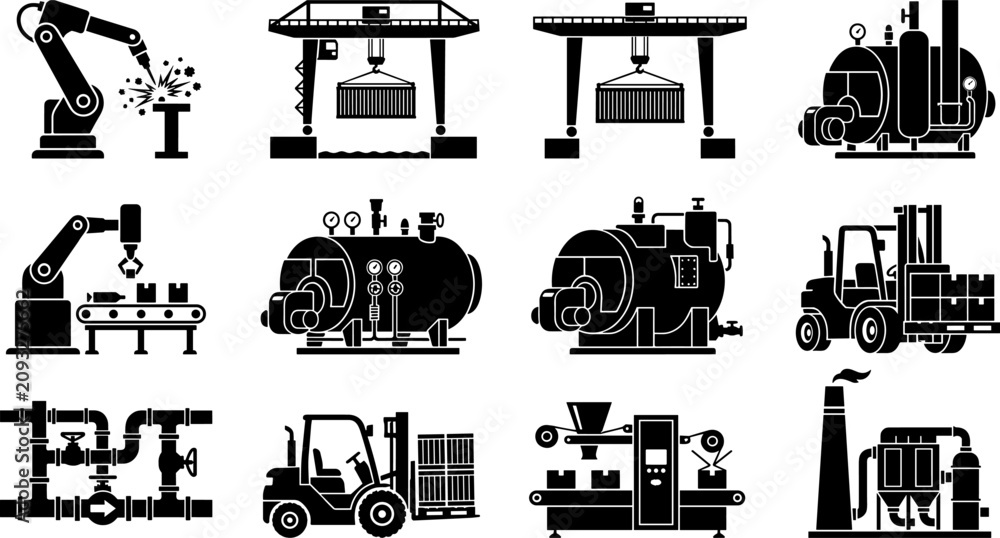 Obraz premium Industrial manufacturing and logistics black silhouette icon set featuring factory automation, robotic arms, forklifts, cranes, and heavy machinery.