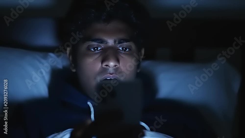 Young man looking at phone screen.
