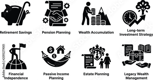Cuadro en lienzo Retirement Planning and Wealth Management Icons Set with Pension Savings Investm