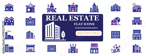 Obraz na plátně Real Estate Flat Editable Two Color Icon Set Collection – Property, Housing, Bui