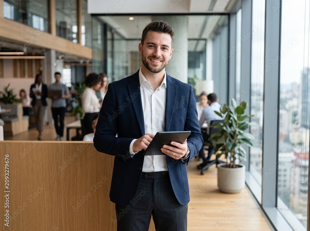Fototapeta premium Smiling professional businessman holding digital tablet in modern office