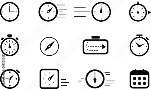 Fast paced time management and clock speed icons for project tracking with stopwatch schedule movement collection business productivity efficiency deadline management calendar measurement