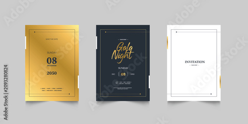 Luxury wedding invitation card background. Golden elegant gold frame on navy blue background. Premium design illustration for wedding and vip cover template, banner, poster.