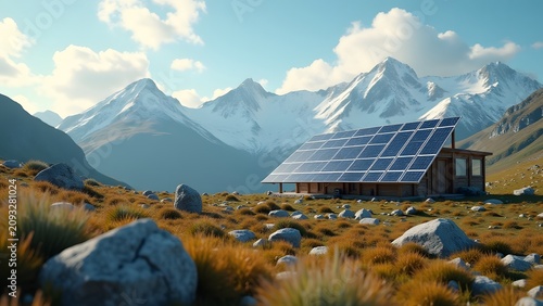 Renewable energy-powered research station in a remote natural environment, realistic 4K.