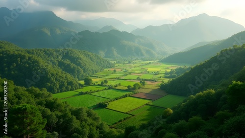 Sustainable agricultural landscape combining crops, forests, and wildlife habitat, ultra HD 4K.