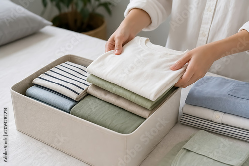 夏服を畳んで収納ボックスに入れる手元
