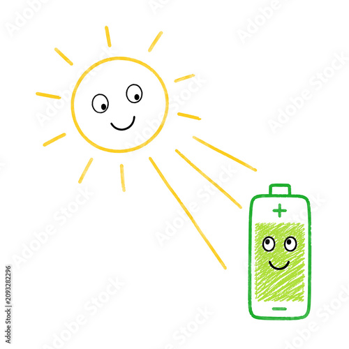 Outline illustration of solar battery charging featuring fun characters on a transparent background