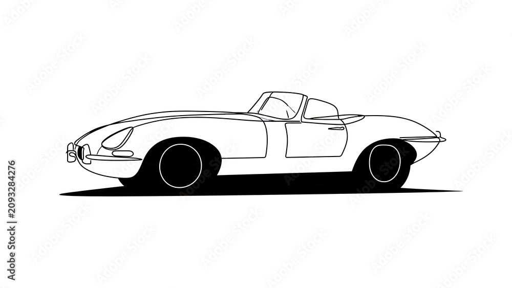 Naklejka premium Classic sports car line drawing white background.