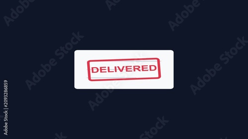 Rectangular rubber stamp with the word DELIVERED in red ink, isolated on a dark blue background