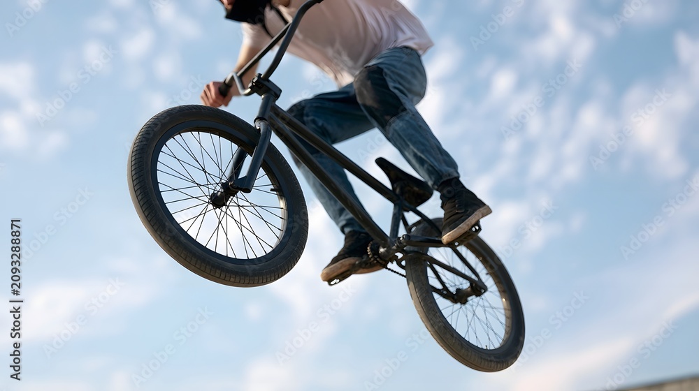 Obraz premium A person riding a black BMX bike mid air against a bright blue sky with scattered white clouds