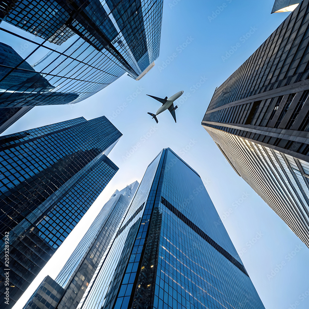 Fototapeta premium Low angle view of skyscrapers and airplane