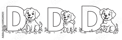 Letter D coloring page with cute puppy, alphabet learning vector for kids, cartoon dog character with capital letter D, preschool educational activity