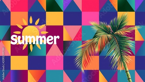 Abstract Colorful Geometric Shapes Summer Illustration Background Sun And Exotic Palm Tree Leaf Holiday Vacation Banner