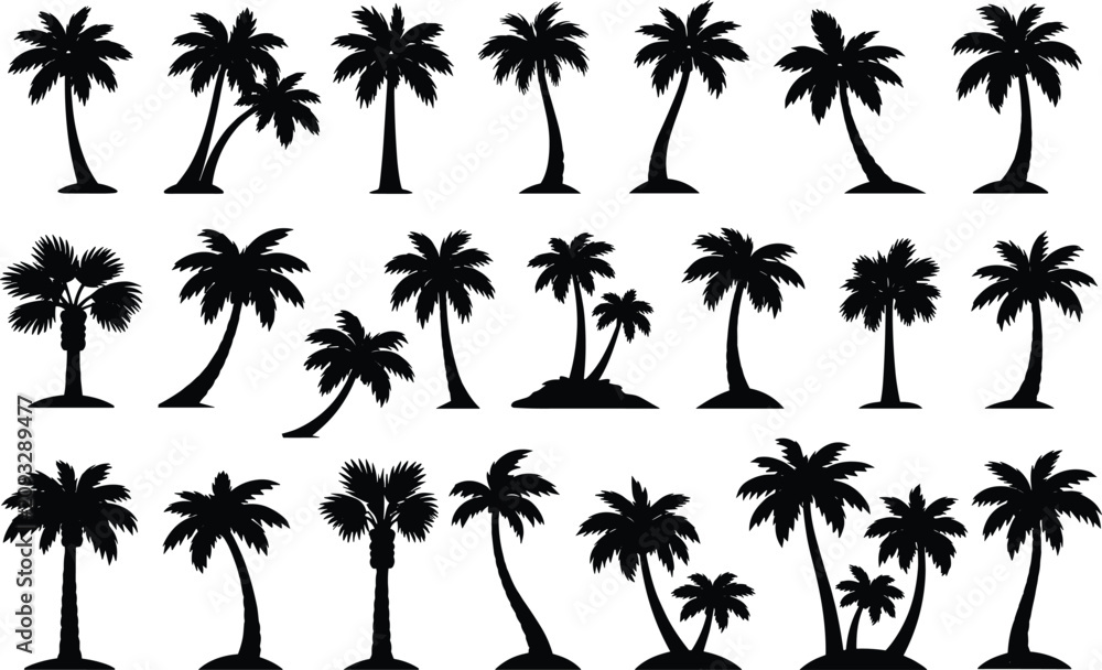 Naklejka premium Palm tree silhouette collection showing tropical shapes with varied trunks and leaf arrangements on white background