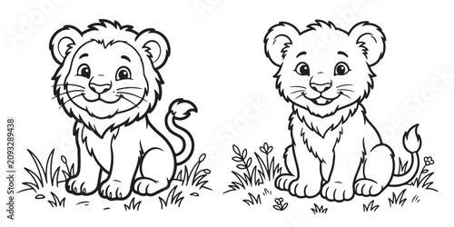 Cute baby lion coloring page vector, adorable cartoon lion cubs sitting in grass, black and white outline illustration for kids activity book