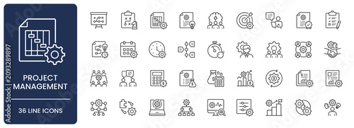 Project management icon set. Collection of business strategy, agile workflow, budget planning, team collaboration and time scheduling line icon vector illustration with editable stroke.