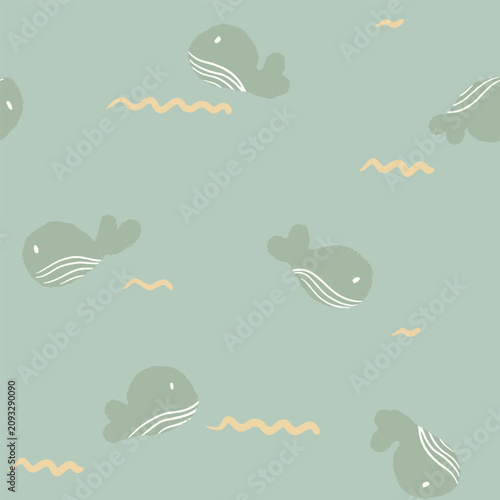 Hand painted cute baby whales playing in the ocean waves, as a minimalist marine life design in colors of yellow, white and sage green. Abstract nautical seamless vector pattern. Great for home decor.