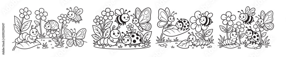 Fototapeta premium Cartoon garden insects coloring page set, cute bug illustrations with butterflies and bees, black and white line art for kids activity book