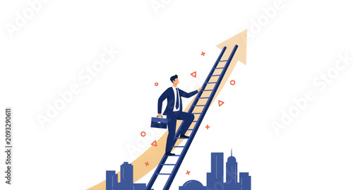 Quadro su tela Business professional climbing stairs towards success with city skyline backgrou