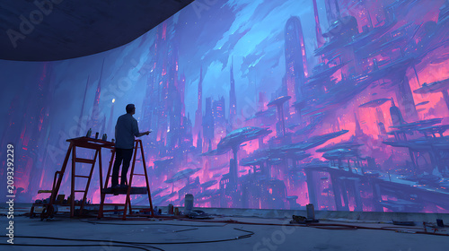 The process of a glowing mural being painted across the walls of a futuristic city.(1)